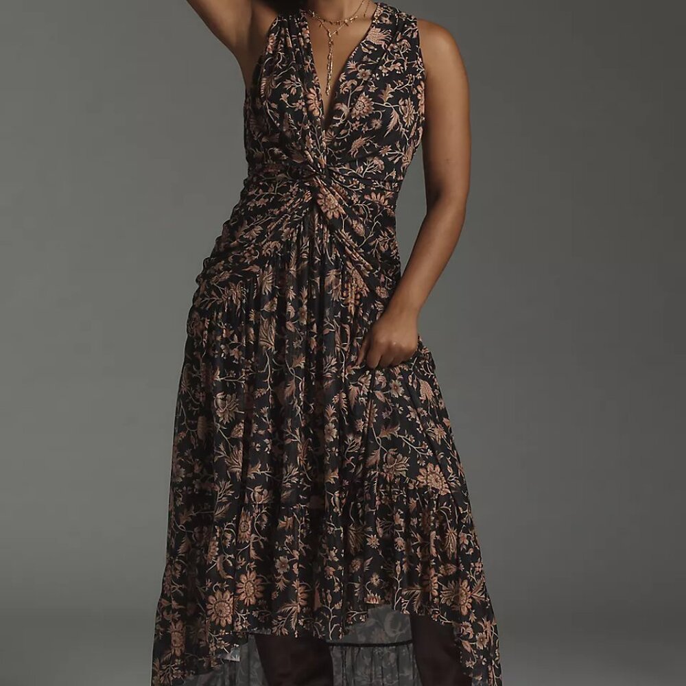 4SI3NNA Black Floral Twist-Front High-Low Maxi Dress